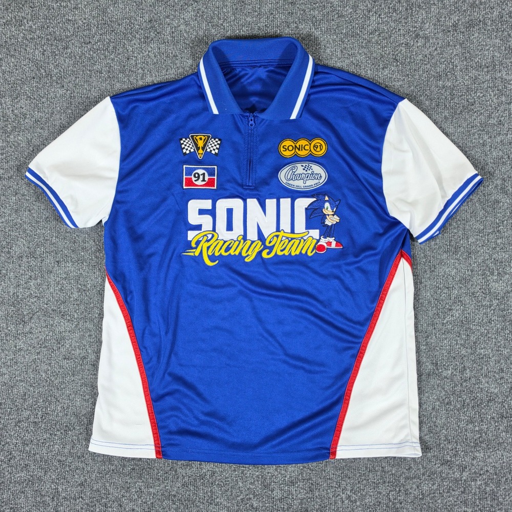 Sega Sonic Racing Team Jersey Patch Polo Shirt Blue White Mens Large Sonic Zip